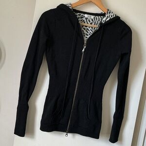 Black Zip-Up Hoodie with Animal Print Lining